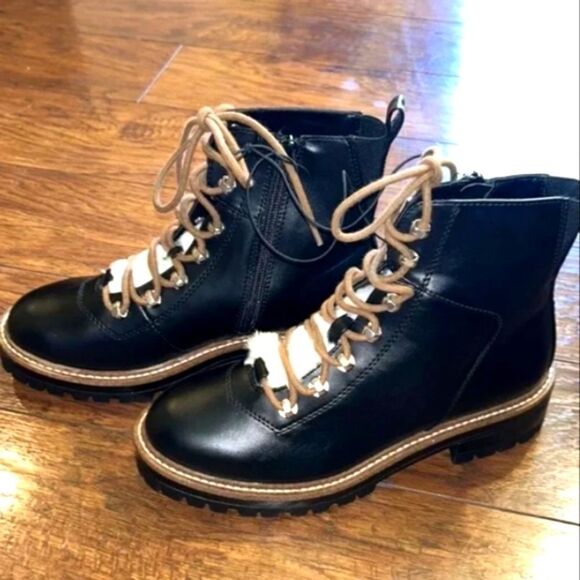 BRAND new womens black faux leather hiking boots sz.6 - Picture 3 of 9